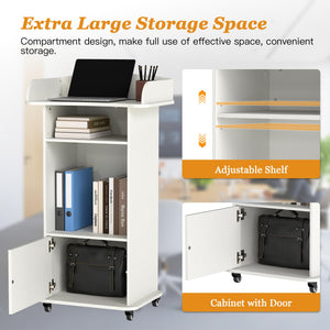 Podium Stand with Metal Wheels Wooden Lectern Podium Stand Portable Pulpit Standing with Storage Mobile Reception Podiums Desk for Church Office School Conference Restaurant Meeting, White