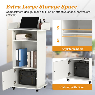 Podium Stand with Metal Wheels Wooden Lectern Podium Stand Portable Pulpit Standing with Storage Mobile Reception Podiums Desk for Church Office School Conference Restaurant Meeting, White