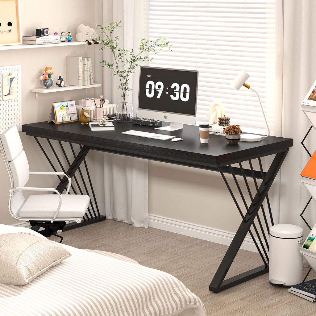 Black Desk, Modern Wood and Metal Computer Desk for Home Office, Simple Writing Work PC Desks for Bedroom, Industrial Study Gaming Table for Living Room, Black, 53 Inch