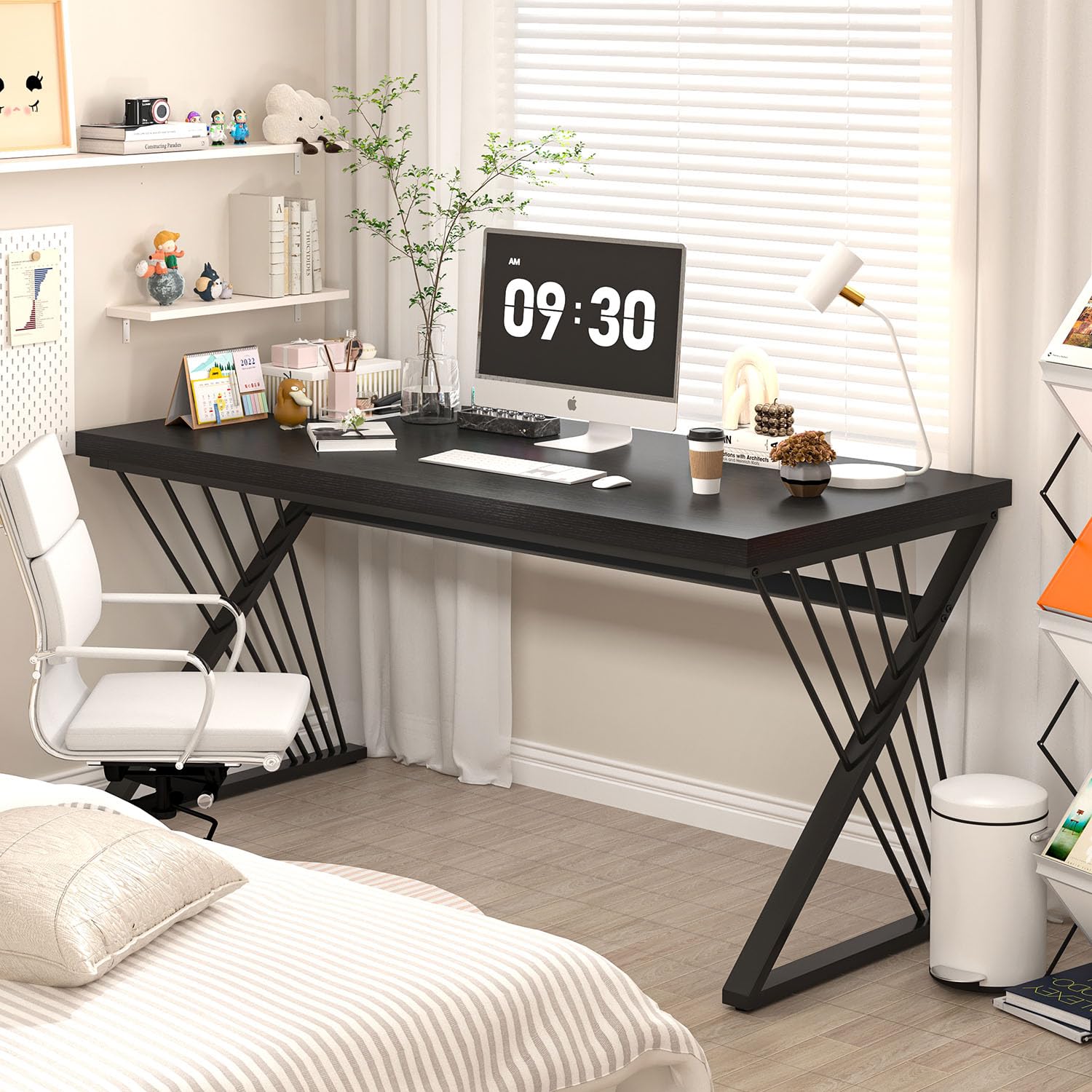 Black Desk, Modern Wood and Metal Computer Desk for Home Office, Simple Writing Work PC Desks for Bedroom, Industrial Study Gaming Table for Living Room, Black, 53 Inch
