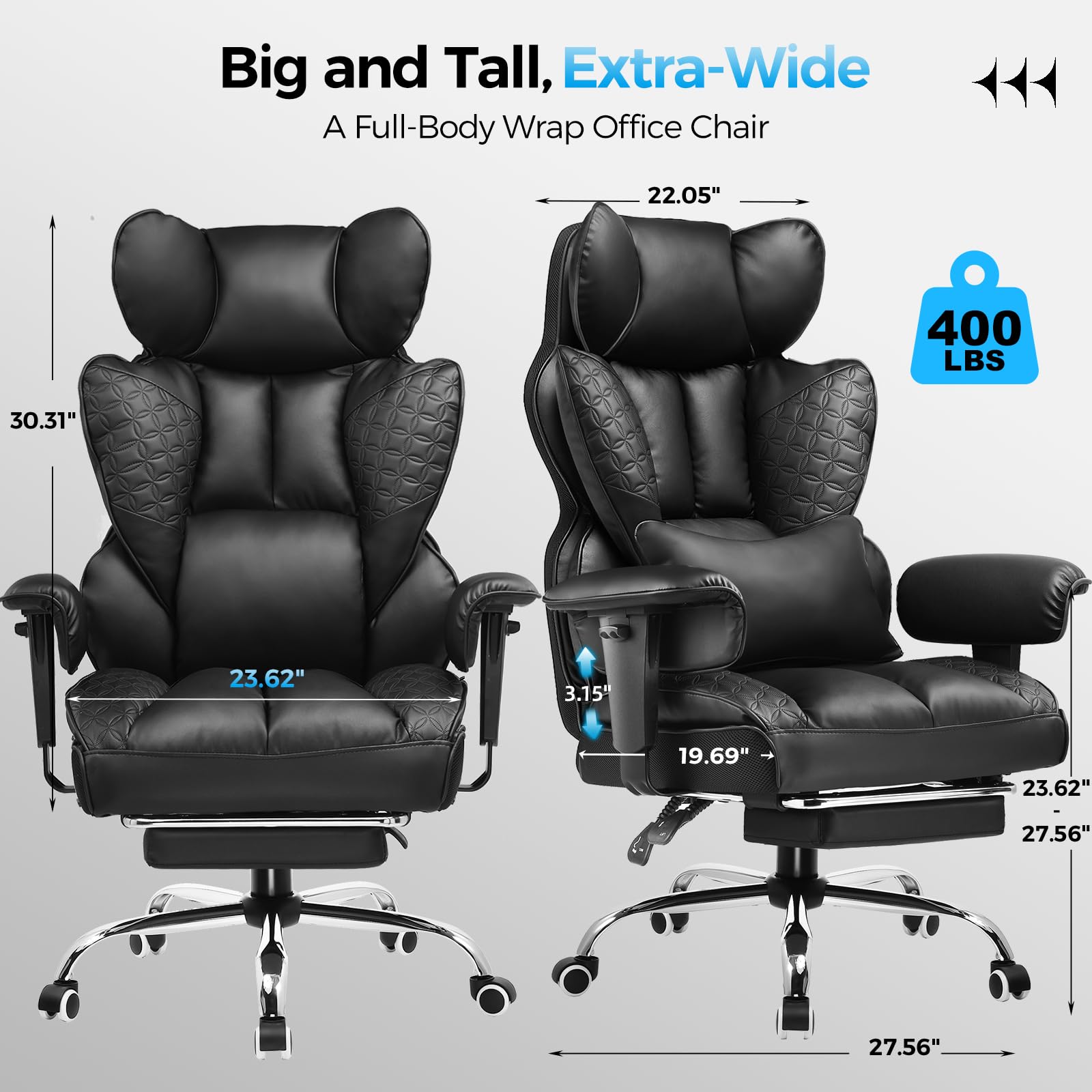 Big and Tall Office Chair Heavy Duty Wide Ergonomic Gaming Chair with Deluxe Embossing Leather with Foot Rest 150°Reclining Adjustable Armrests Pocket Spring Back Support and Without Pillow