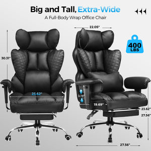 Big and Tall Office Chair Heavy Duty Wide Ergonomic Gaming Chair with Deluxe Embossing Leather with Foot Rest 150°Reclining Adjustable Armrests Pocket Spring Back Support and Without Pillow