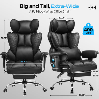 Big and Tall Office Chair Heavy Duty Wide Ergonomic Gaming Chair with Deluxe Embossing Leather with Foot Rest 150°Reclining Adjustable Armrests Pocket Spring Back Support and Without Pillow