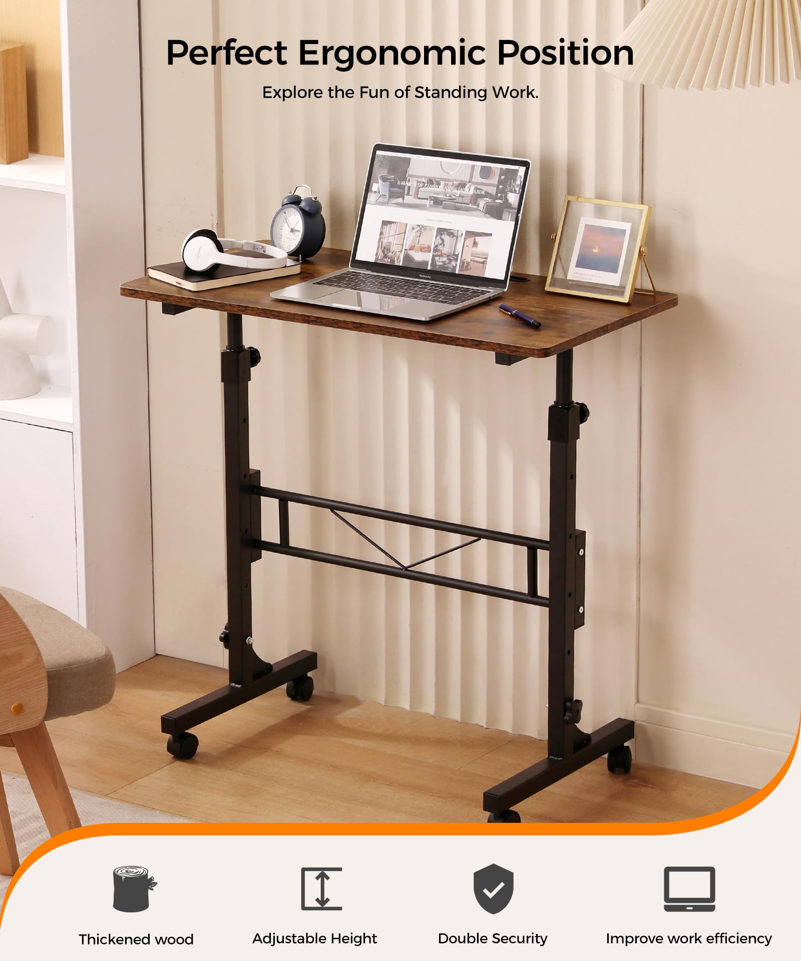 Standing Desk Adjustable Height, Mobile Stand Up Desks with Wheels Small Computer Desks Rolling Desk, Portable Laptop Desks Rustic Standing Table Sit Stand Home Office Desks 16