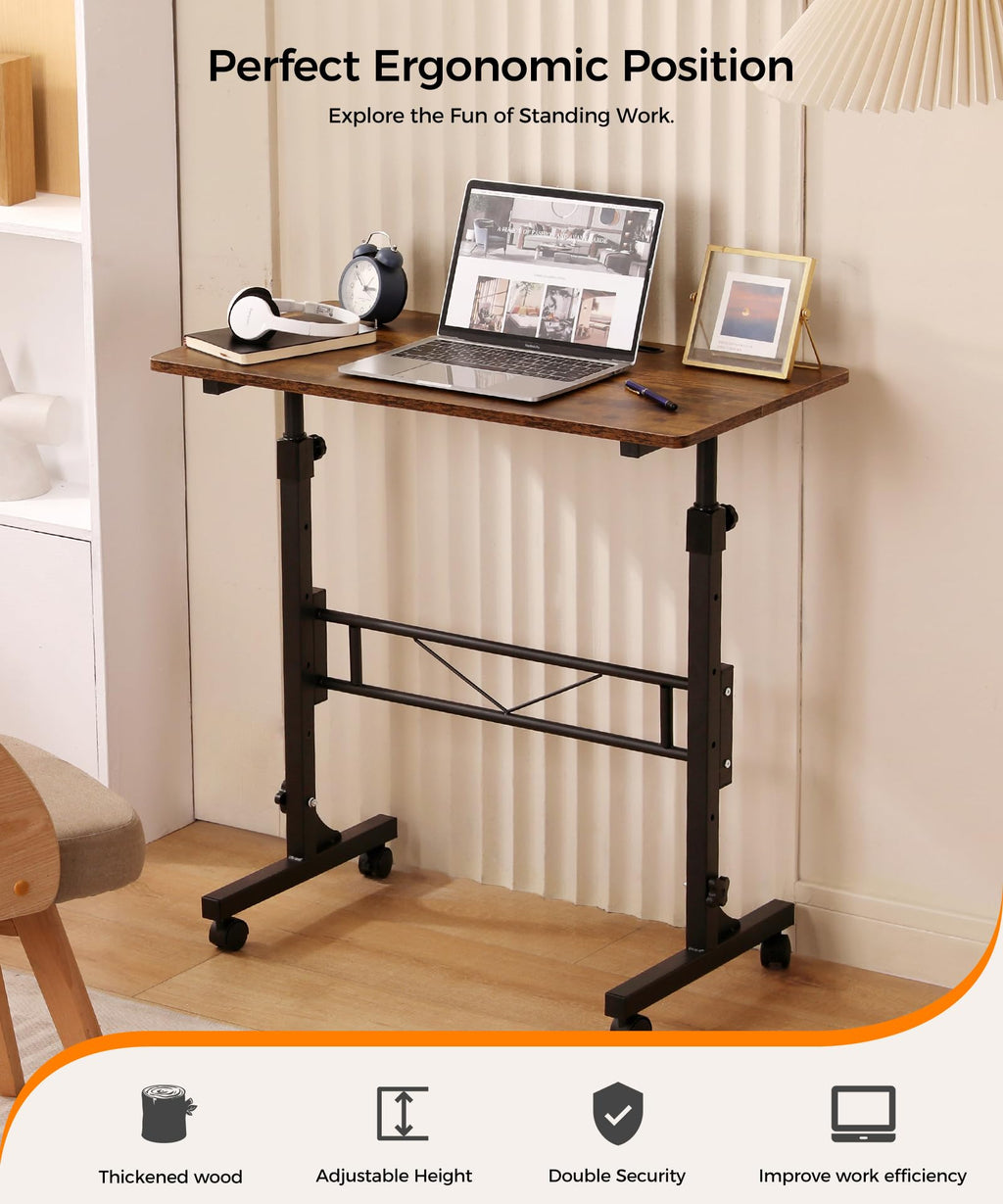 Standing Desk Adjustable Height, Mobile Stand Up Desks with Wheels Small Computer Desks Rolling Desk, Portable Laptop Desks Rustic Standing Table Sit Stand Home Office Desks 16"x31.5" Height 27"-43.5"