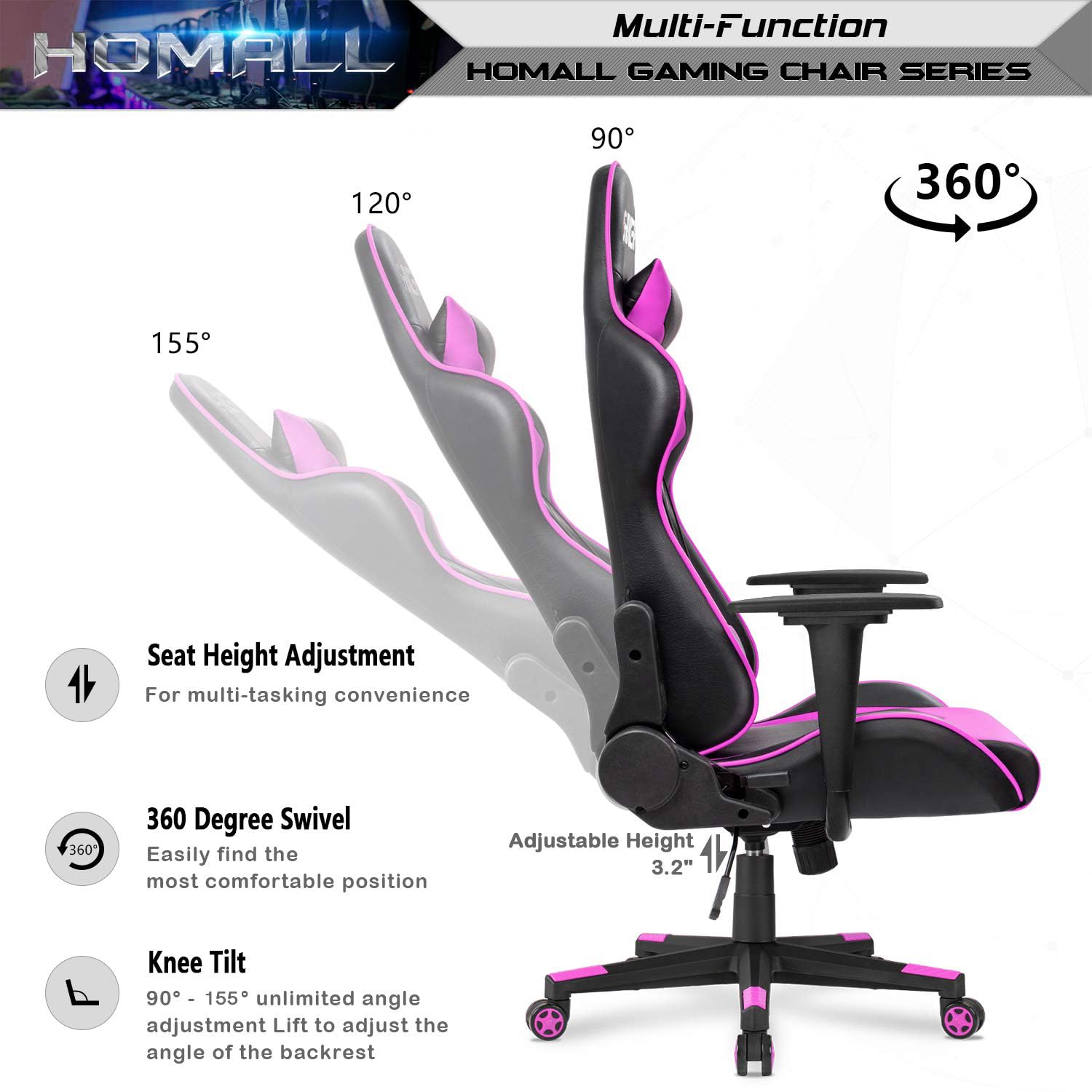 Gaming Chair, Office Chair High Back Computer Chair Leather Desk Chair Racing Executive Ergonomic Adjustable Swivel Task Chair with Headrest and Lumbar Support (Violet)