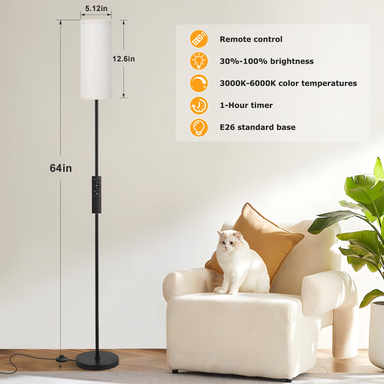 64'' Floor Lamps for Living Room with Remote Control and Stepless Dimmable Colors Temperature & Brightness, 9W Bulb Included(Beige Lampshade & Black Pole)