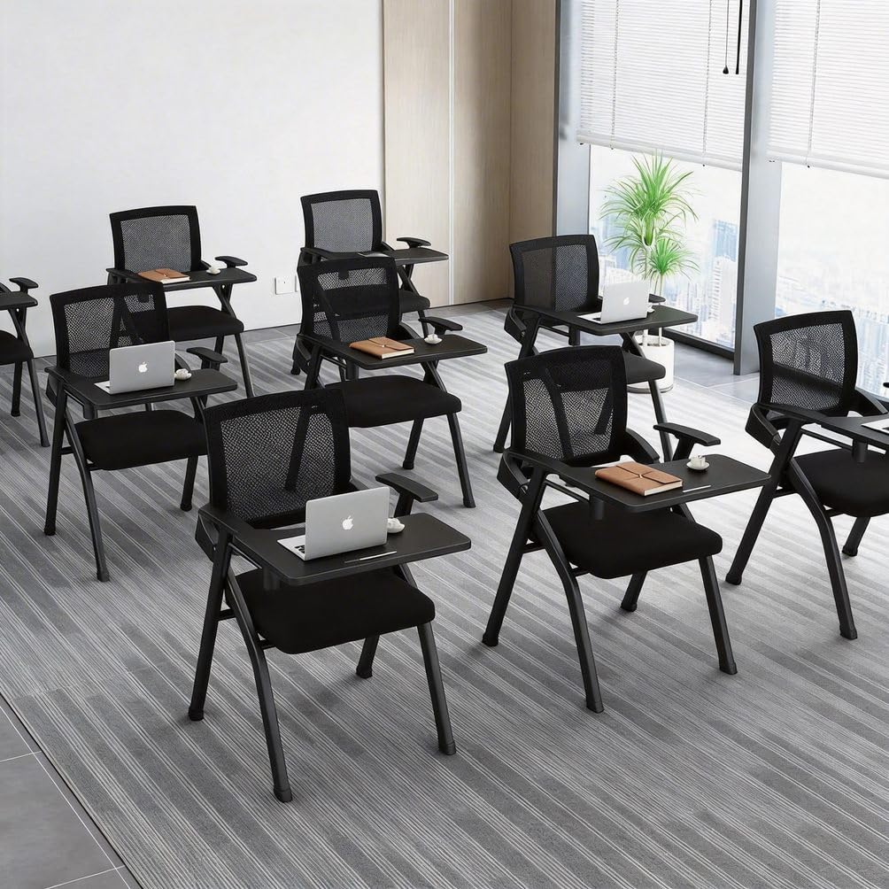 50 Pcs, Folding Training Chairs with Desk Attached, Mobile Office Meeting Chair with Writing Tablet and Cup Holder, Space-Saving Nesting Conference Chair for Classroom, Seminar