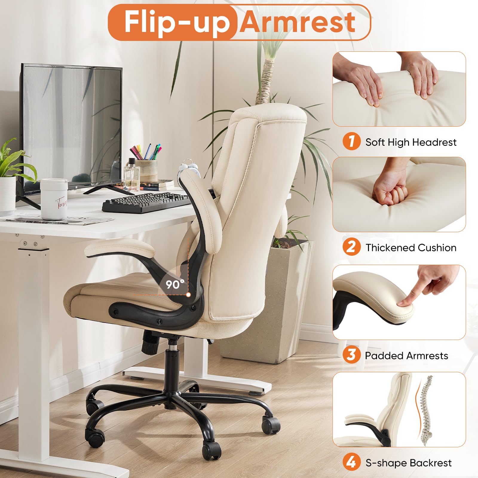 Ergonomic Office Chair - Heavy Duty Task Desk Chair with Flip-up Armrest, PU Leather, Height Adjustable & Swivel Rolling Chair with Wheels, Beige