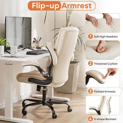 Set of 2, Ergonomic Computer Gaming Office Chair, Heavy Duty Task Desk Swivel Rolling Chairs with Wheels, Flip-up Arms, Adjustable Height, PU Leather,Cream White