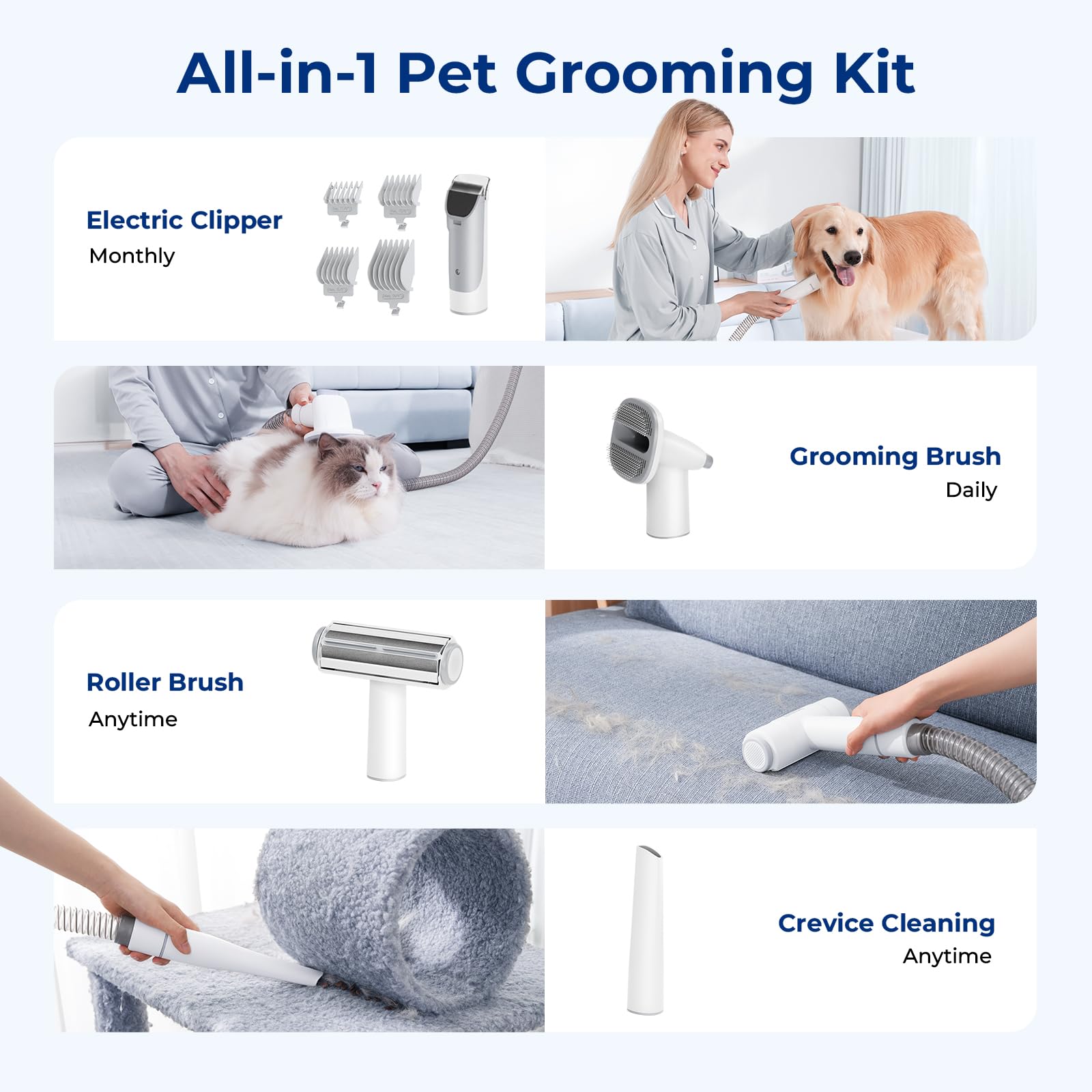 Dog Grooming Vacuum, 4-in-1 Pet Grooming Kit with Clipper, Brush, 12000Pa Dog Vacuum for Shedding with 1.5L Dust Cup, Storage Pocket, Low Noise Pet Vacuum for Dog & Cat, Home Grooming