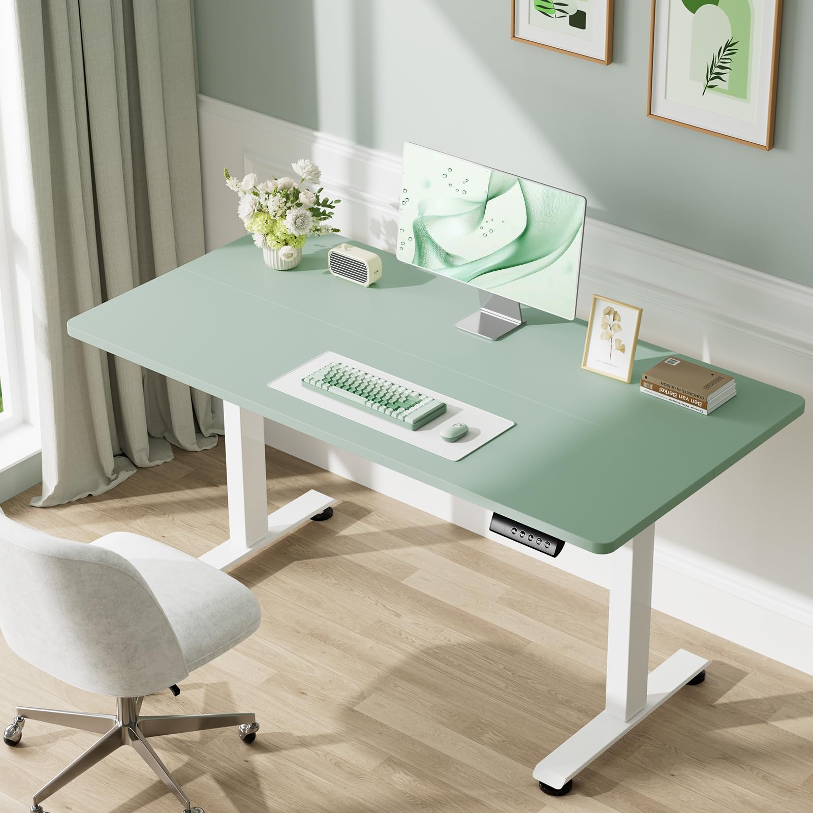 55 Inch Large Electric Standing Desk, 4 Memory Heights Adjustable,Sit to Stand Up, Work Home Office Computer Table for Study, Walking Pad, Writing, and Games, Wooden Desktop Desks, Green