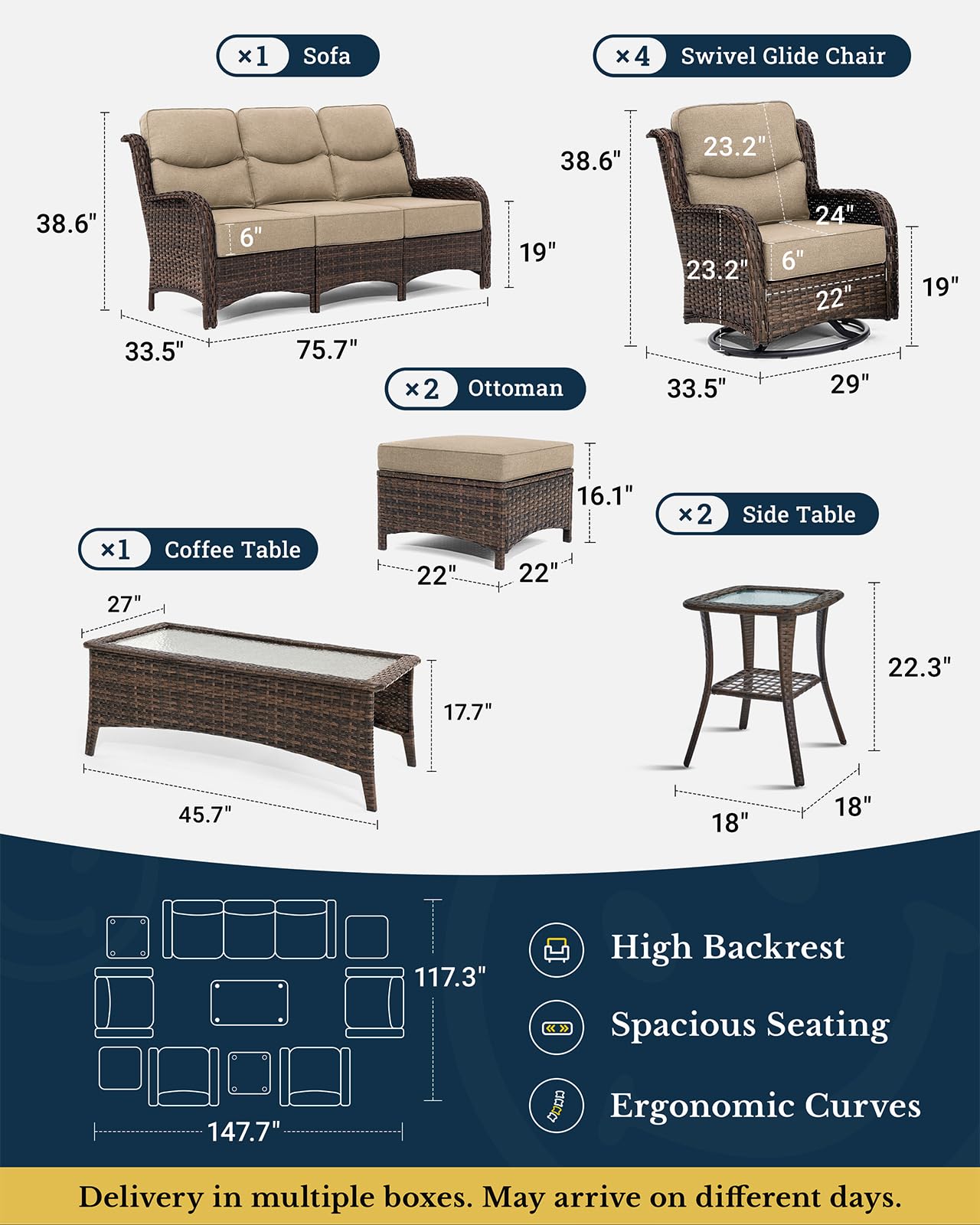 Luxury Patio Furniture Set with 6-inch Thick Cushion, Outdoor Couch and High Back Swivel Rocker Patio Chairs, 10PCS Wicker Conversation Set for Deck Yard and Poolside, Beige (V2)
