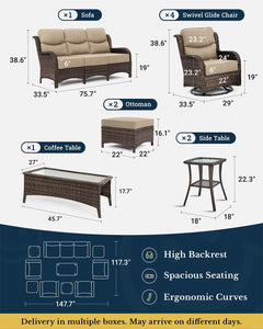 Luxury Patio Furniture Set with 6-inch Thick Cushion, Outdoor Couch and High Back Swivel Rocker Patio Chairs, 10PCS Wicker Conversation Set for Deck Yard and Poolside, Beige (V2)