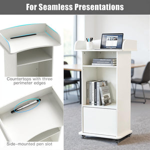 Podium Stand Portable with Wheels, Classroom Lectern for Teacher with Adjustable Storage Shelf, Mobile Rolling Church Pulpits, Office Wooden Reception Desk, Host Stand for School Conference（White）