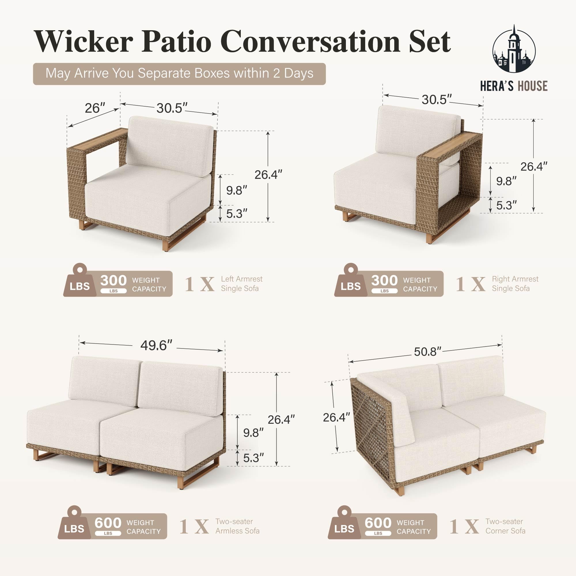 6 Pieces Sectional Patio Furniture Set, All Weather Patio Conversation Set, Outdoor Rattan Wicker Sofa with 5.3" Widened Armrest, Patio Couch, 10" Ultra Thick Comfy Sponge Cushion
