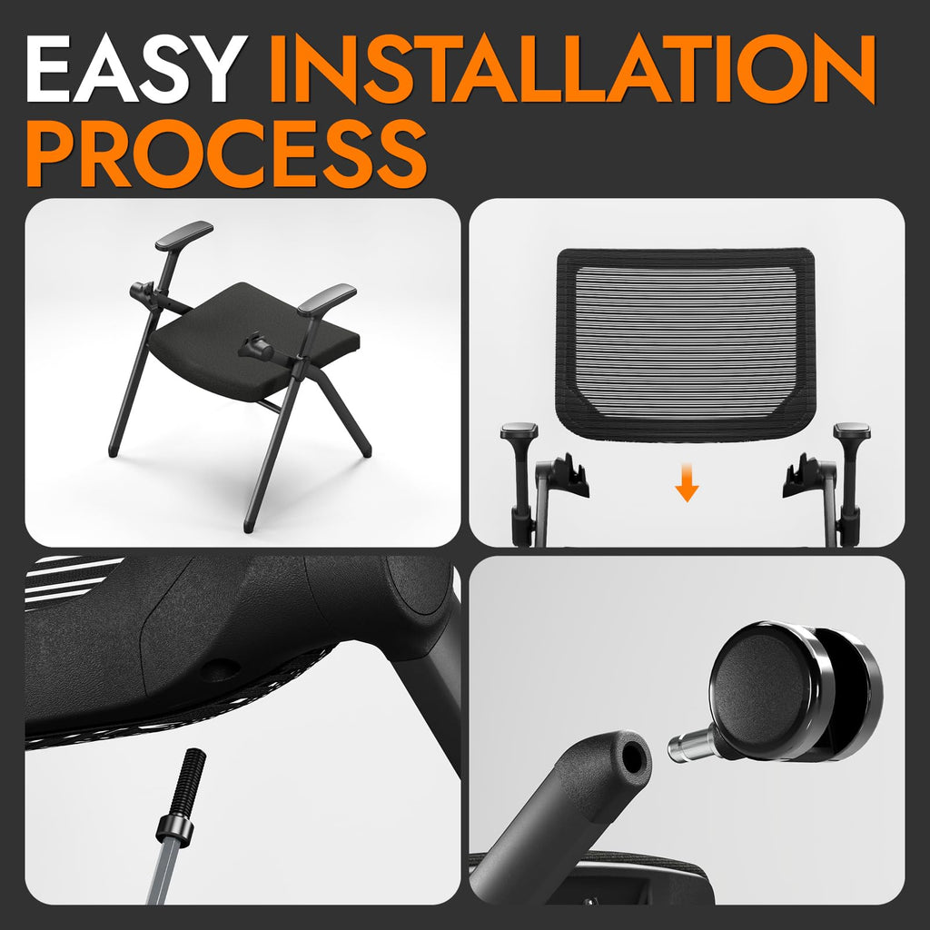 Foldable Office Chair Set of 2 with PU Wheels Ergonomic Mesh Bouncing Back, Stackable Conference Room Chair, Office Guest & Reception & Meeting Chair (Black)