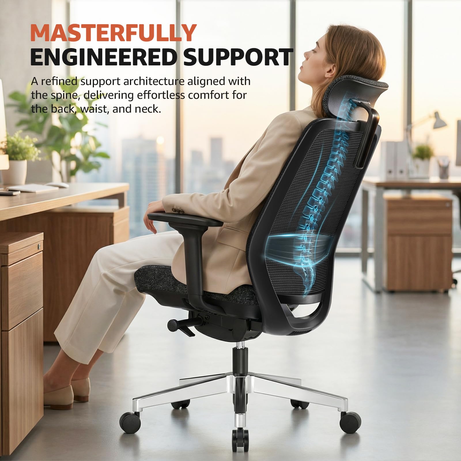 Office Chair Ergonomic Desk Chair High-Back Mesh Desk Chair with Adjustable Lumbar Support and Headrest 4D Armrests for Long Hours Sitting Black