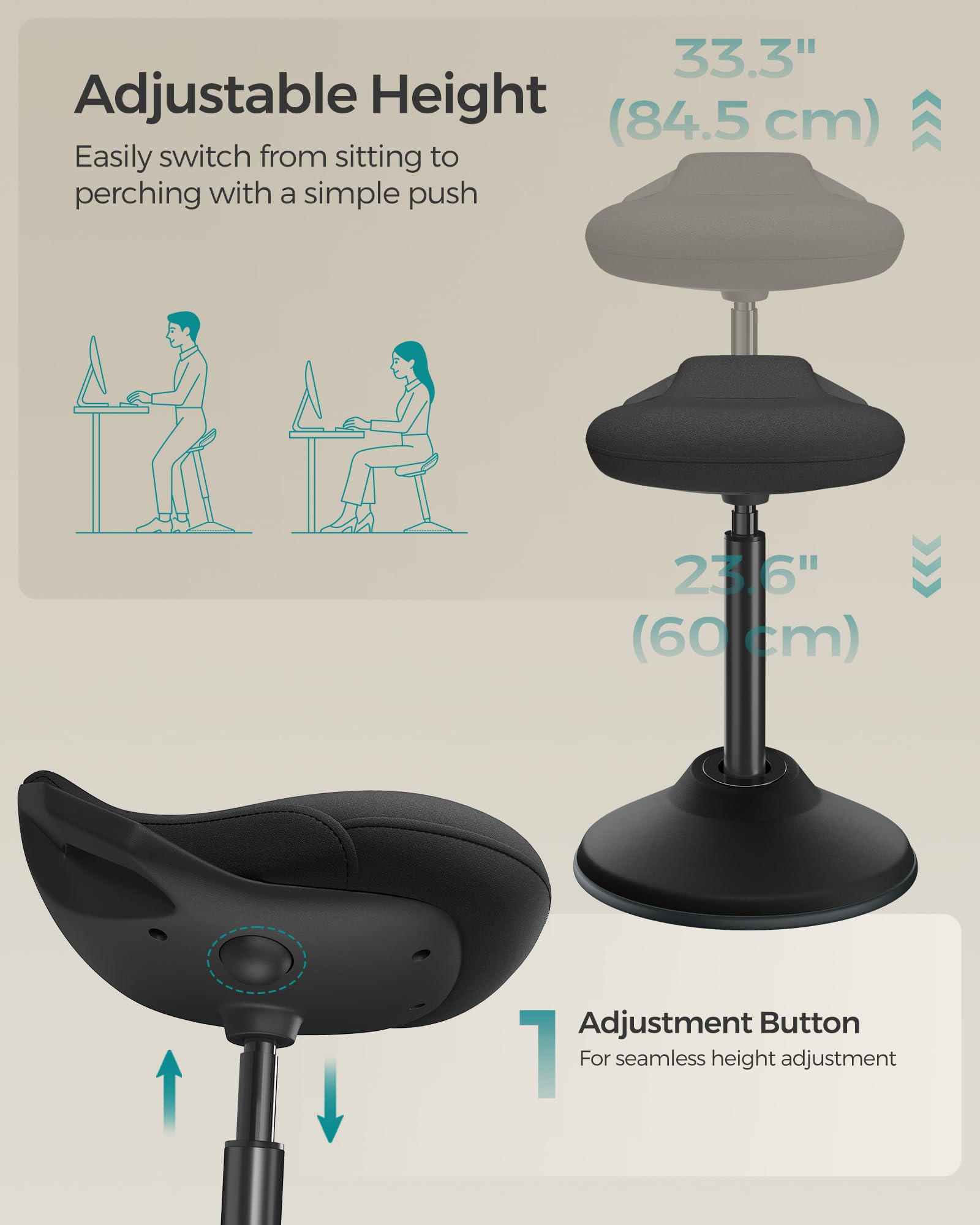Ergonomic Wobble Stool, Height Adjustable Standing Desk Stool 23.6-33.3 Inches, Swivel Balance Chair with Non-Slip Base, Standing Chair, for Active Sitting, Office, Home, Ink Black UOSC02BK