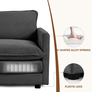 Single Armchair with Ottoman, Modern Corduroy Cloud Couch with Convertible Chaise, Upholstered Sofa Set for Living Room and Office, Dark Grey