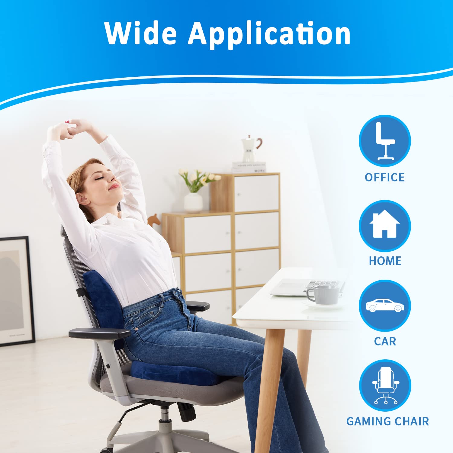 Chair Cushion and Lumbar Support Pillow for Office Chair, Car Seat Cushions Back Support Pillows, Memory Foam Chair Support for Back&Lumbar, Relieve Tailbone Pain and Sciatica (Blue)