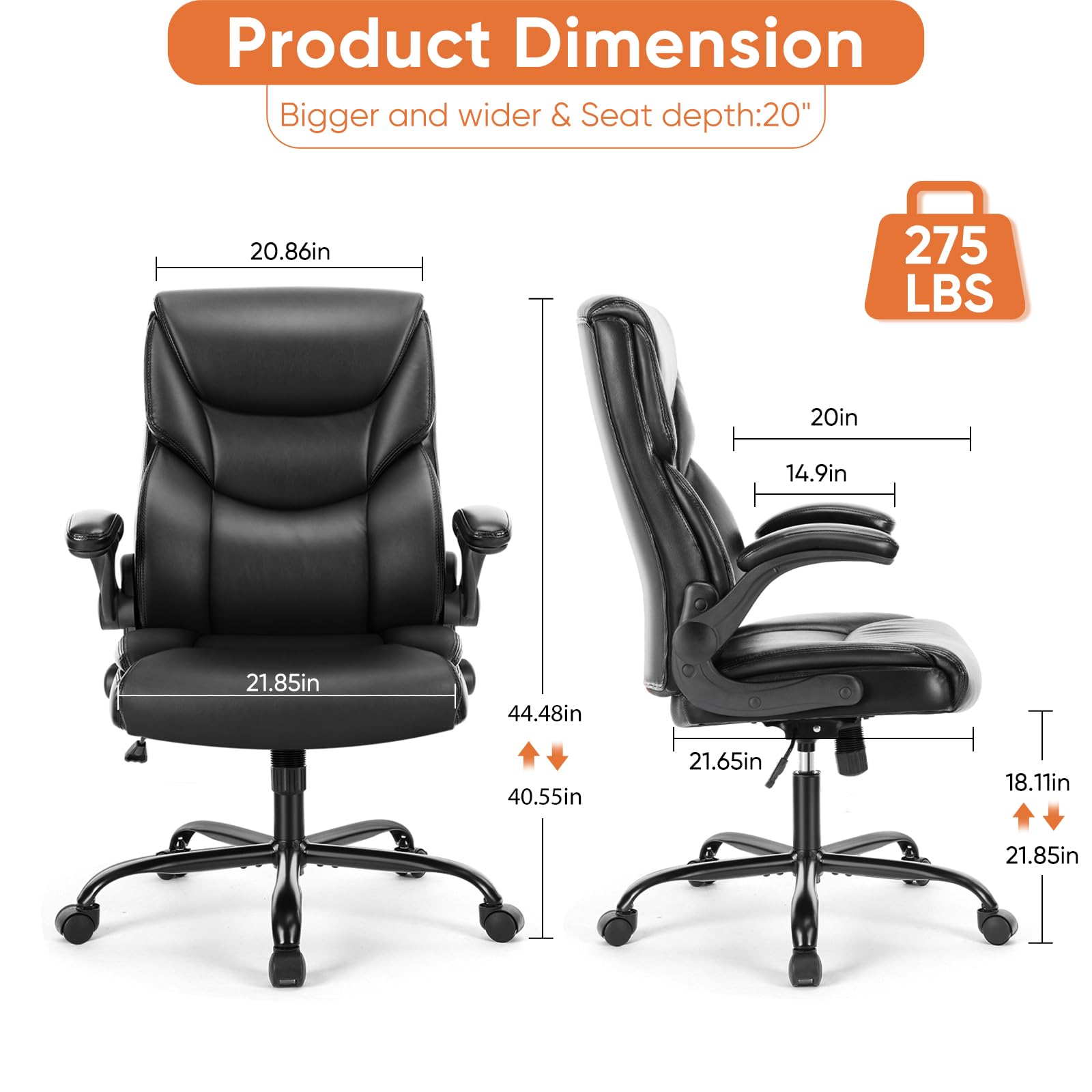 Set of 2, Ergonomic Computer Gaming Office Chair,  Heavy Duty Task Desk Swivel Rolling Chairs with Wheels, Flip-up Arms, Adjustable Height, PU Leather,Inky