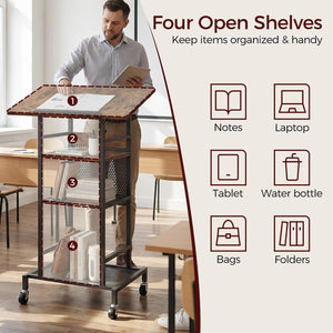 Podium Stand with Locking Wheels, 4-Tier Mobile Lectern with Storage Shelves and Non-Slip Lip, for Classroom, Church, Conference Standing Desk, Rustic Brown and Black LPHR6001