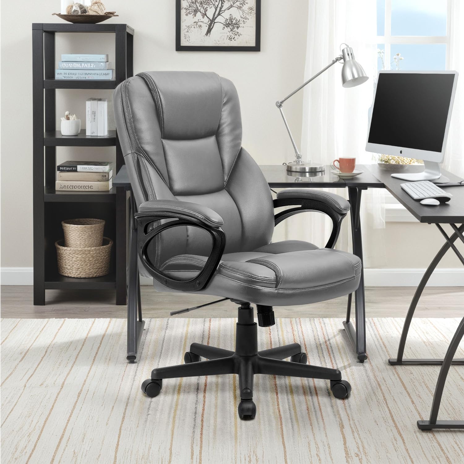 Office Executive Chair High Back Adjustable Managerial Home Desk Chair, Swivel Computer PU Leather Chair with Lumbar Support (1, Gray)