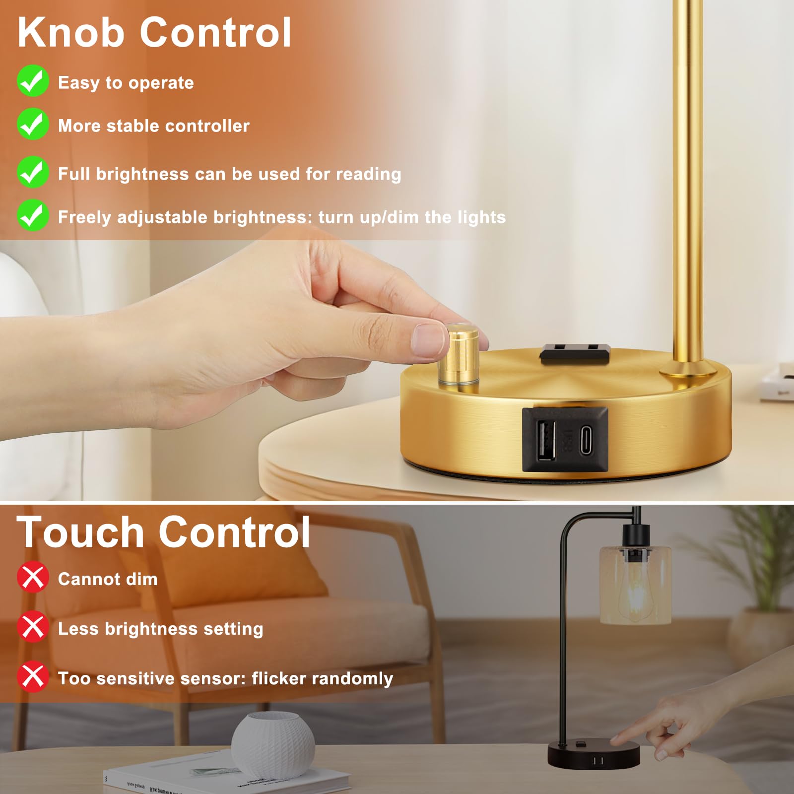 Industrial Table Lamp for Bedroom Set of 2 - Fully Dimmable Bedside Lamps with USB Ports and Outlet, Gold Nightstand Lamps with Clear Glass Shade for Living Room, Desk Lamps for Office Reading