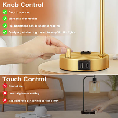 Industrial Table Lamp for Bedroom Set of 2 - Fully Dimmable Bedside Lamps with USB Ports and Outlet, Gold Nightstand Lamps with Clear Glass Shade for Living Room, Desk Lamps for Office Reading