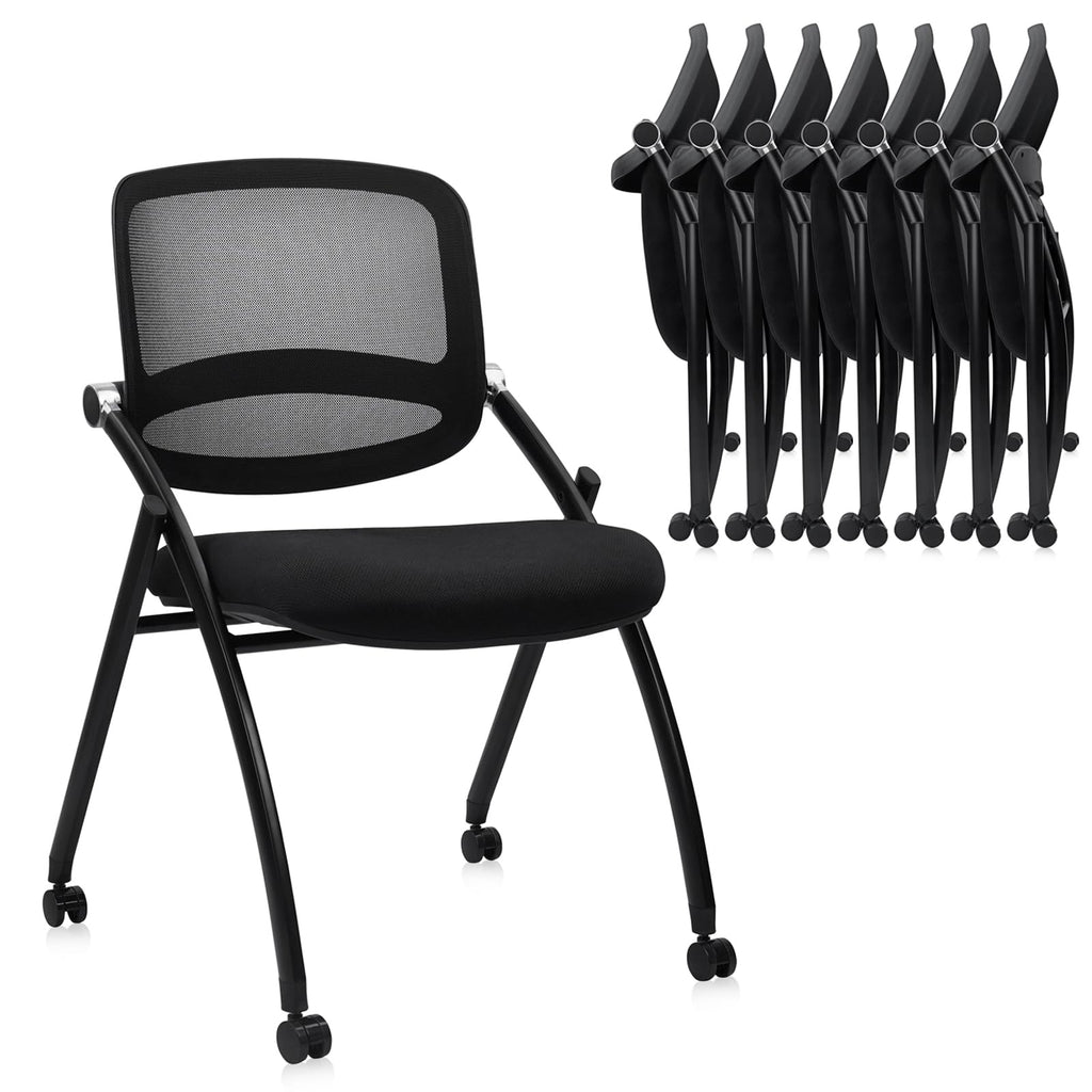 8PACK, Stackable & Foldable Chairs with Wheels, Reception Guest Chairs with Lumbar Support, Ergonomic Curved Mesh Back Folding Chair for Office Schools Conference Waiting Room, Black