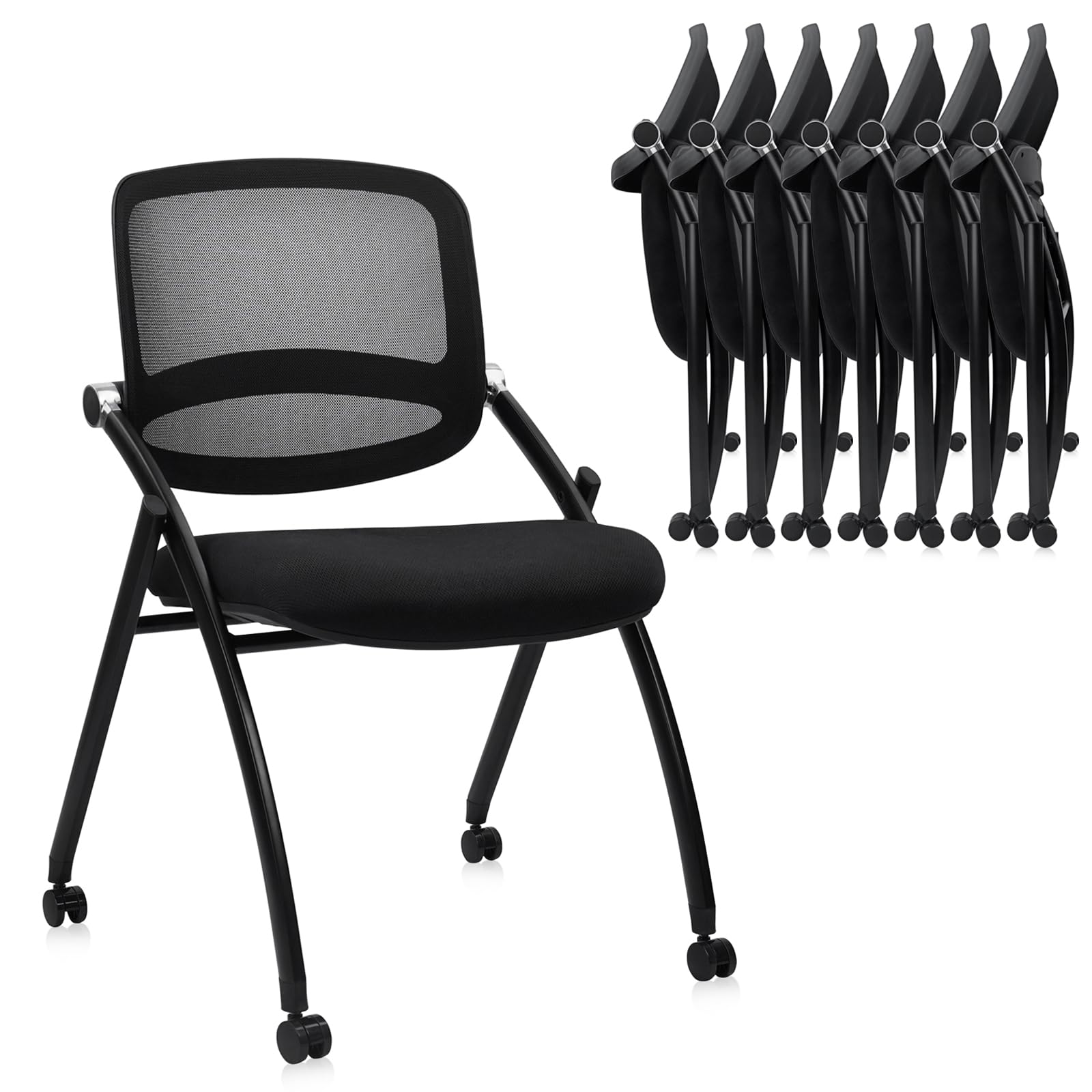 8PACK, Stackable & Foldable Chairs with Wheels, Reception Guest Chairs with Lumbar Support, Ergonomic Curved Mesh Back Folding Chair for Office Schools Conference Waiting Room, Black