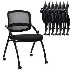8PACK, Stackable & Foldable Chairs with Wheels, Reception Guest Chairs with Lumbar Support, Ergonomic Curved Mesh Back Folding Chair for Office Schools Conference Waiting Room, Black