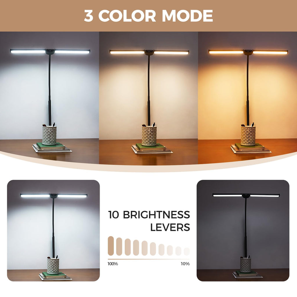 LED Desk Lamp for Home Office, Double Head Architect Light with Clamp, Computer Monitor Clip on Light, 3 Modes and 10 Brightness, Adjustable Flexible Goose-Neck, Table Task Lamp, Black