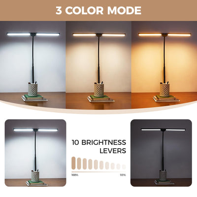 LED Desk Lamp for Home Office, Double Head Architect Light with Clamp, Computer Monitor Clip on Light, 3 Modes and 10 Brightness, Adjustable Flexible Goose-Neck, Table Task Lamp, Black