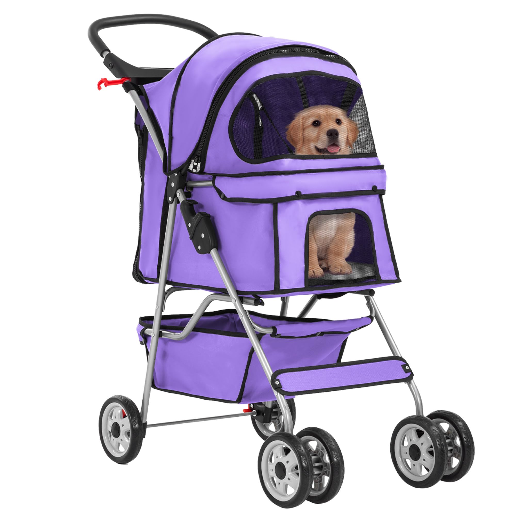 Pet Stroller 4-Wheel Dog Cat Stroller Travel Folding Carrier Puppy Stroller with Cup Holder and Removable Liner for Small Medium Dogs Cats, Purple