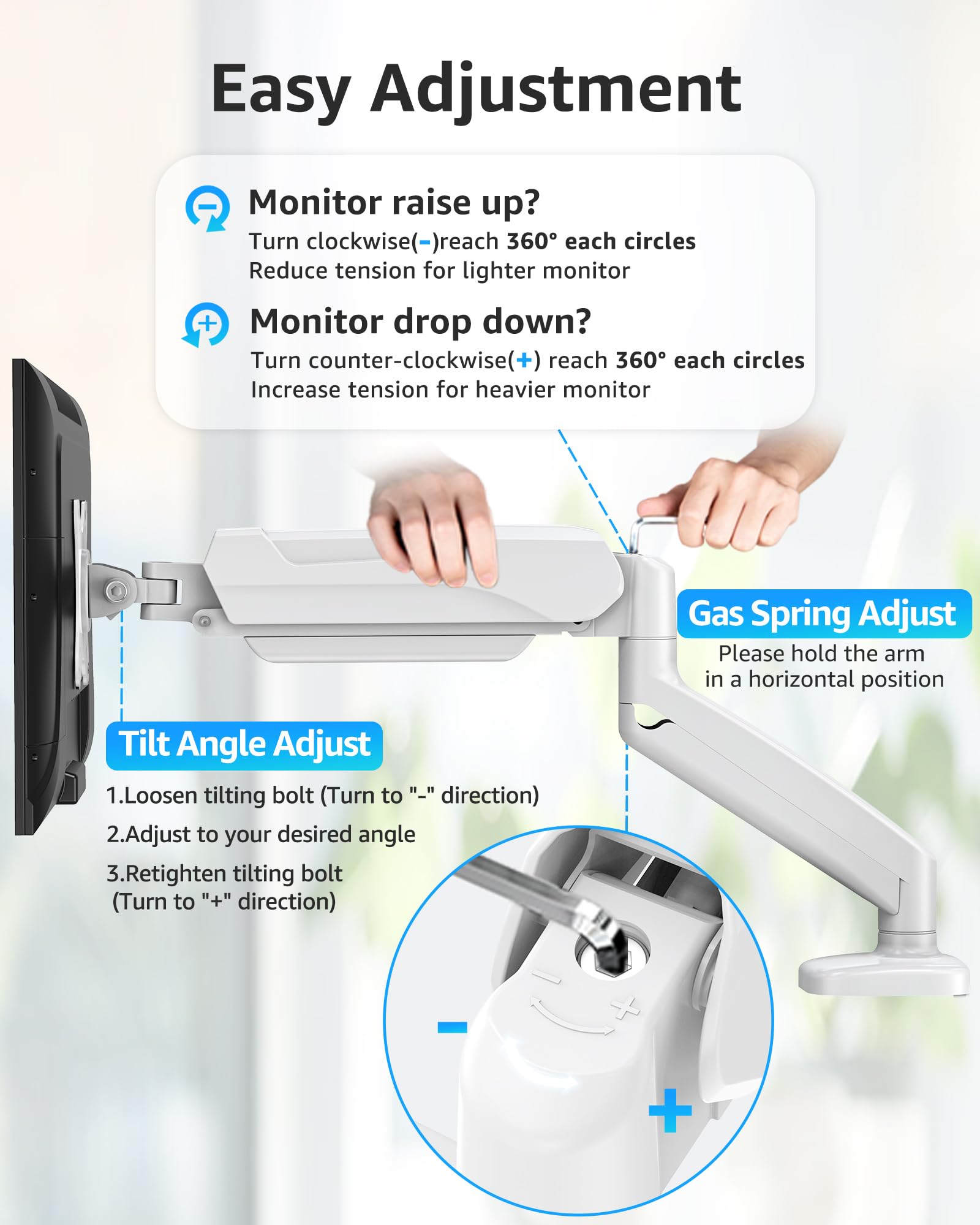 Single Monitor Desk Mount Holds Screen up to 32 inch, Height Adjustable Monitor Arm, Full Motion Computer Monitors Stand with Clamp/Grommet Base, VESA Mounts Fit 4.4-17.6lbs Computer, White