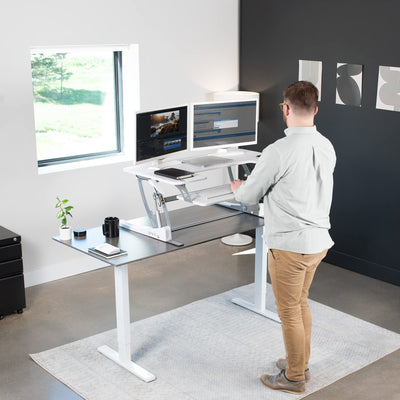36 inch Height Adjustable Stand Up Desk Converter, V Series, Quick Sit to Stand Tabletop Dual Monitor Riser Workstation, White, DESK-V000VW