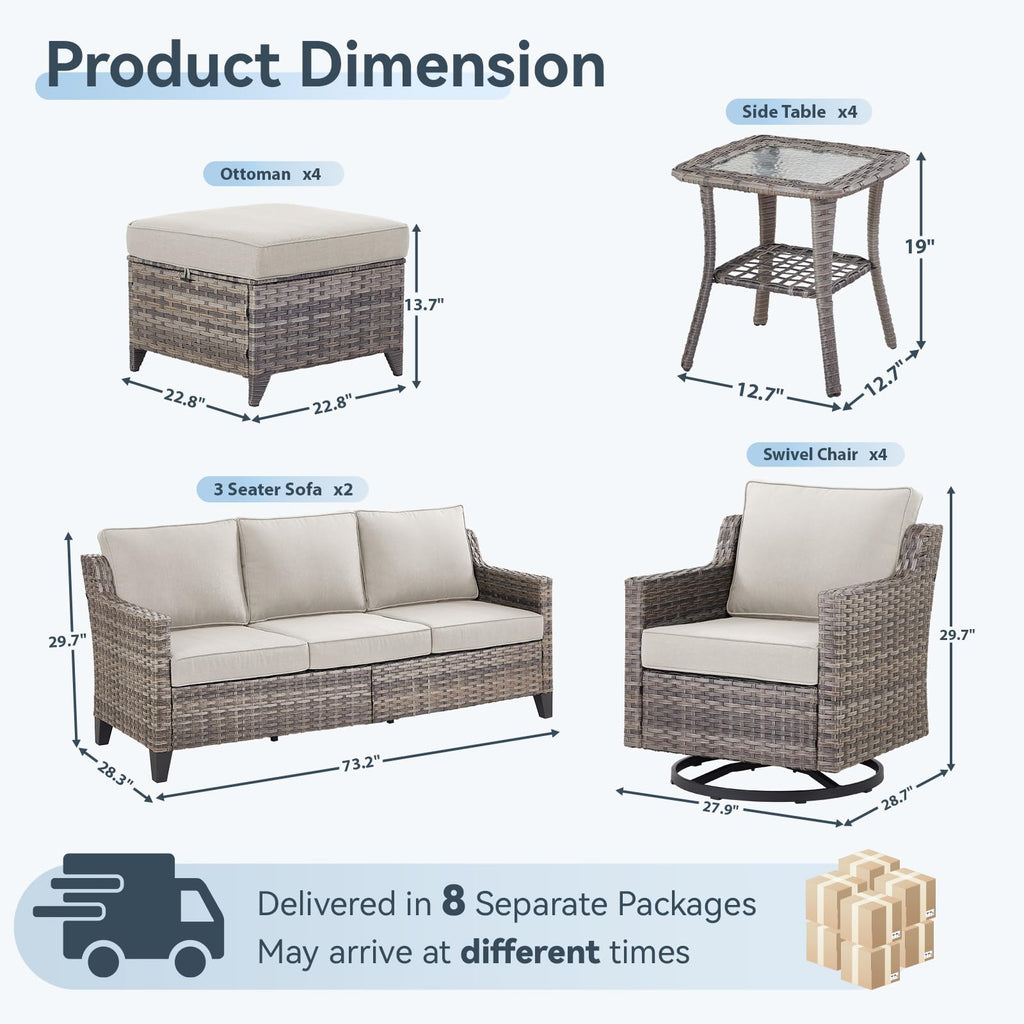 14 Piece Patio Furniture Set-High Back Outdoor Furniture Set Sectional Sofa with Wicker Swivel Patio Chairs,Comfy Cushions Ottomans for Porch Balcony Patio Deck Grey/Beige