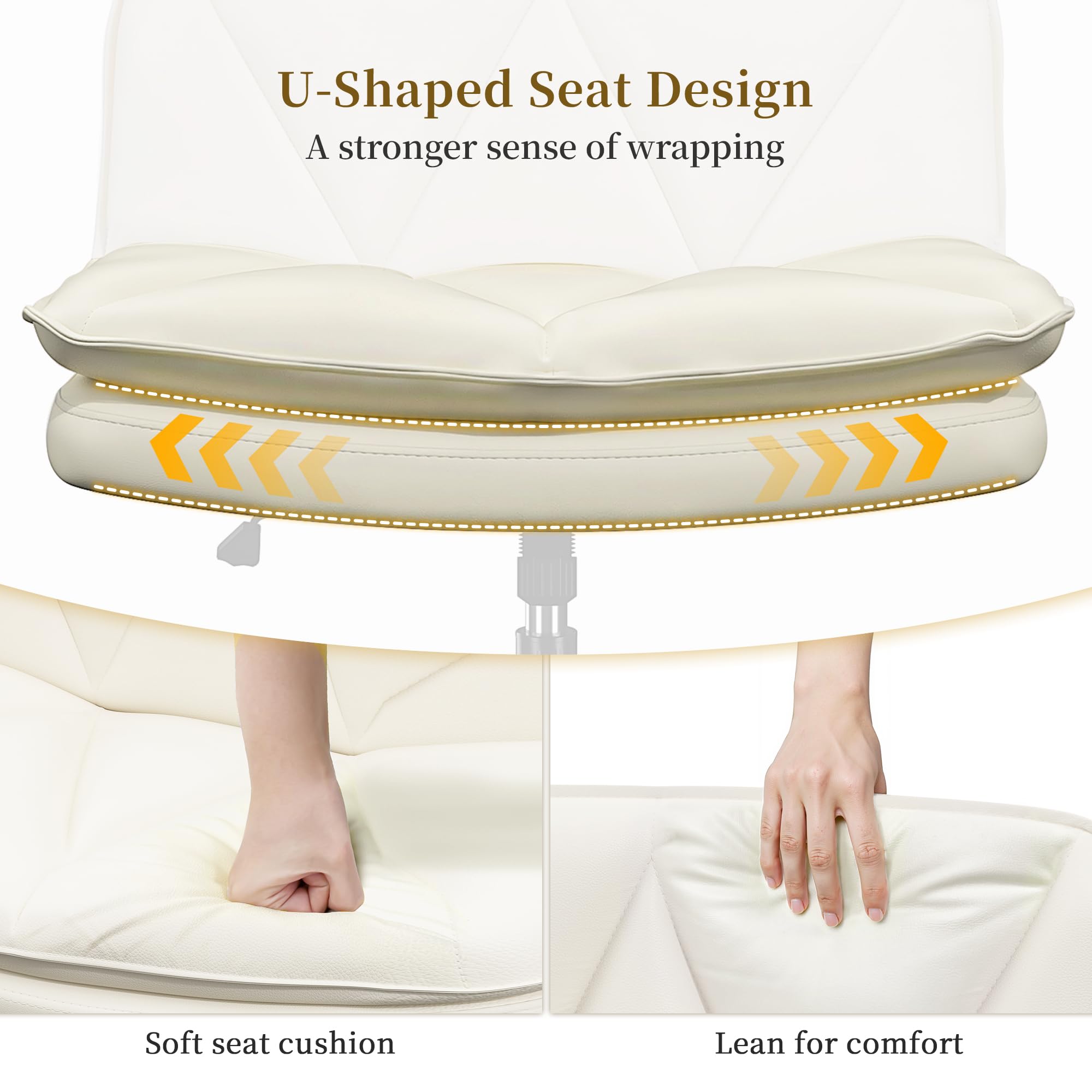 Criss Cross Chair with Wheels, Cross Legged Office Chair, Armless, 2 Layer Scratch-Resistant Pu Leather Swivel for Home Office,Makeup Vanities & Dressing Tables,Beige