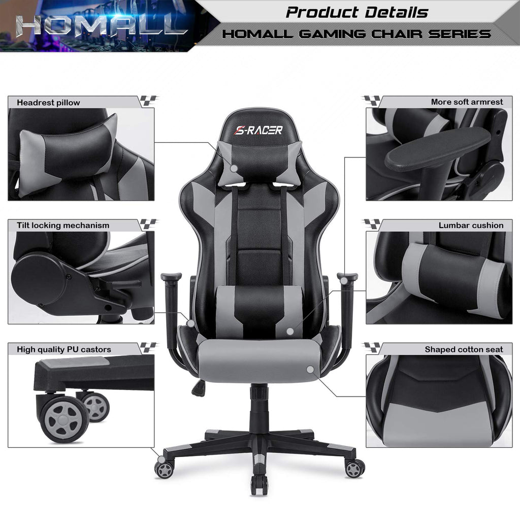 Gaming Chair, Office Chair High Back Computer Chair Leather Desk Chair Racing Executive Ergonomic Adjustable Swivel Task Chair with Headrest and Lumbar Support (Grey)