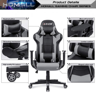 Gaming Chair, Office Chair High Back Computer Chair Leather Desk Chair Racing Executive Ergonomic Adjustable Swivel Task Chair with Headrest and Lumbar Support (Grey)