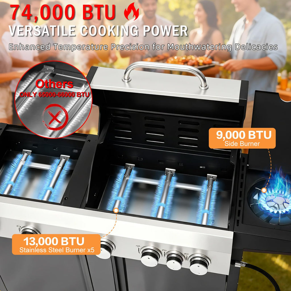 3 IN 1 Pizza Griddle Grill Combo, 74,000 BTU 5 Burner Stainless Steel Propane Gas Grill with Side Burner,Pizza Oven, Griddle and Porcelain Enameled Cast Iron Grates for Outdoor Patio Backyard