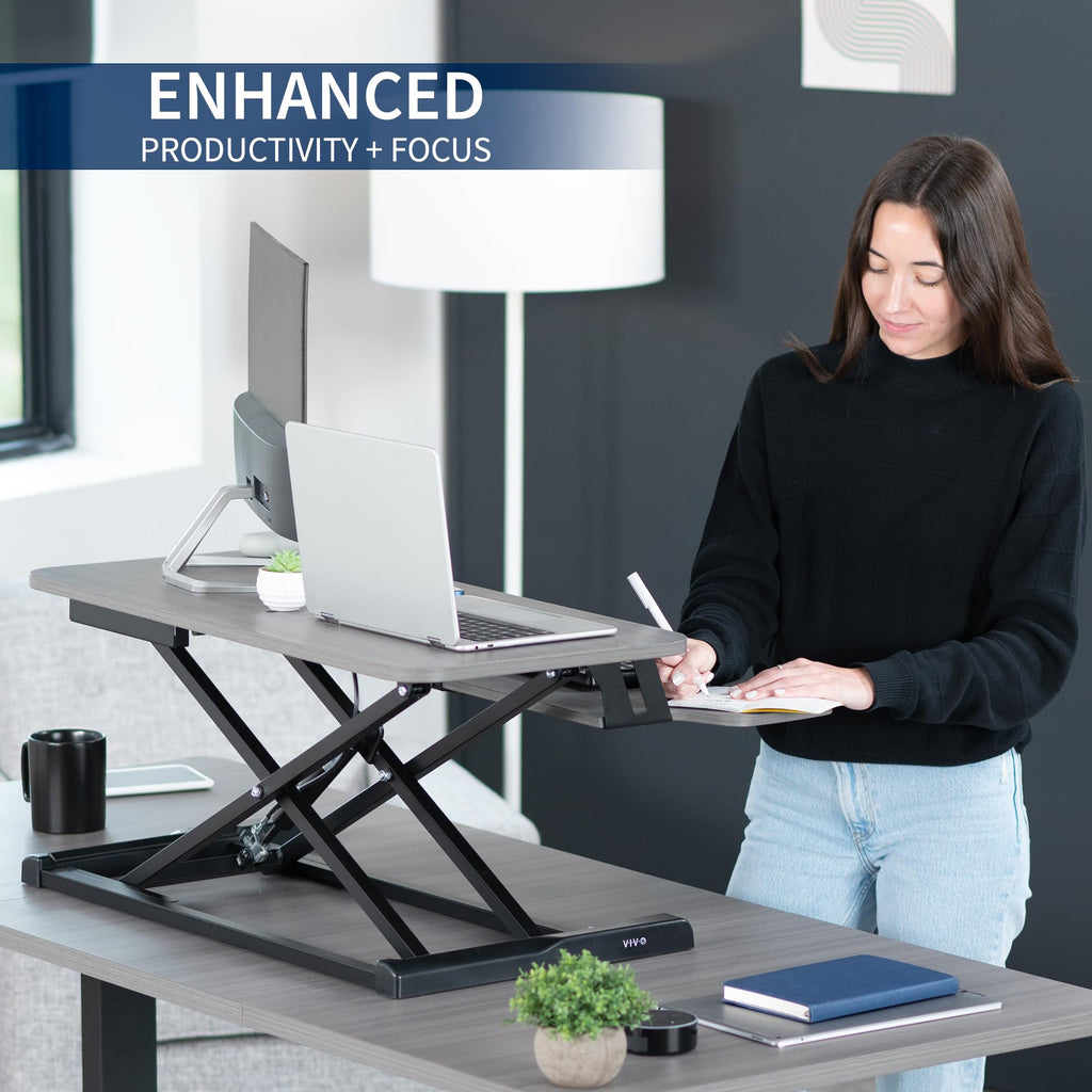 32 inch Desk Converter, K Series, Height Adjustable Sit to Stand Riser, Dual Monitor and Laptop Workstation with Wide Keyboard Tray, Gray Top, Black Frame, DESK-V000KG