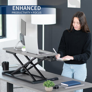 32 inch Desk Converter, K Series, Height Adjustable Sit to Stand Riser, Dual Monitor and Laptop Workstation with Wide Keyboard Tray, Gray Top, Black Frame, DESK-V000KG