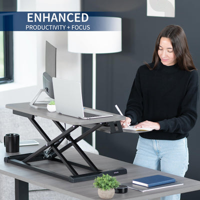 32 inch Desk Converter, K Series, Height Adjustable Sit to Stand Riser, Dual Monitor and Laptop Workstation with Wide Keyboard Tray, Gray Top, Black Frame, DESK-V000KG