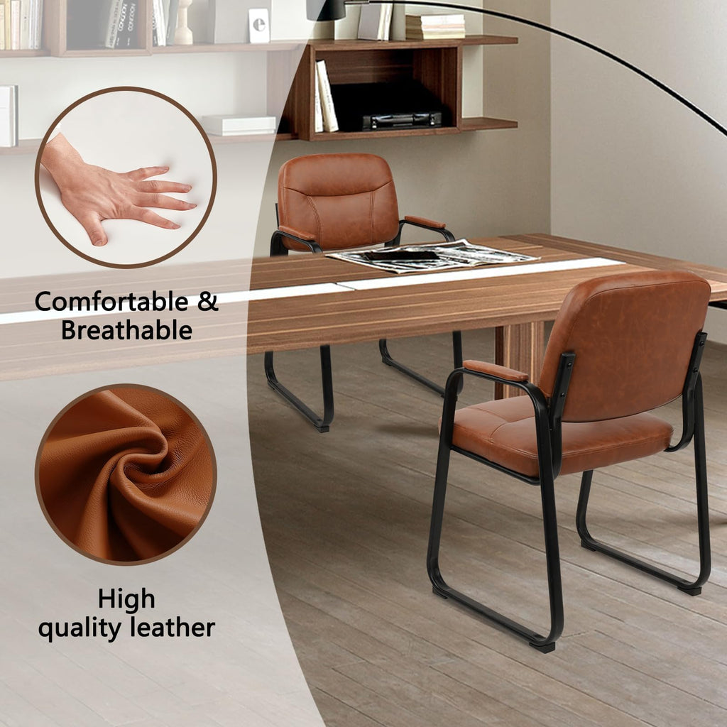 2 Pack, Waiting Room Guest Chair with Bonded Leather Padded Arm Rest for Office Reception and Conference Desk Black with Sled Base Brown