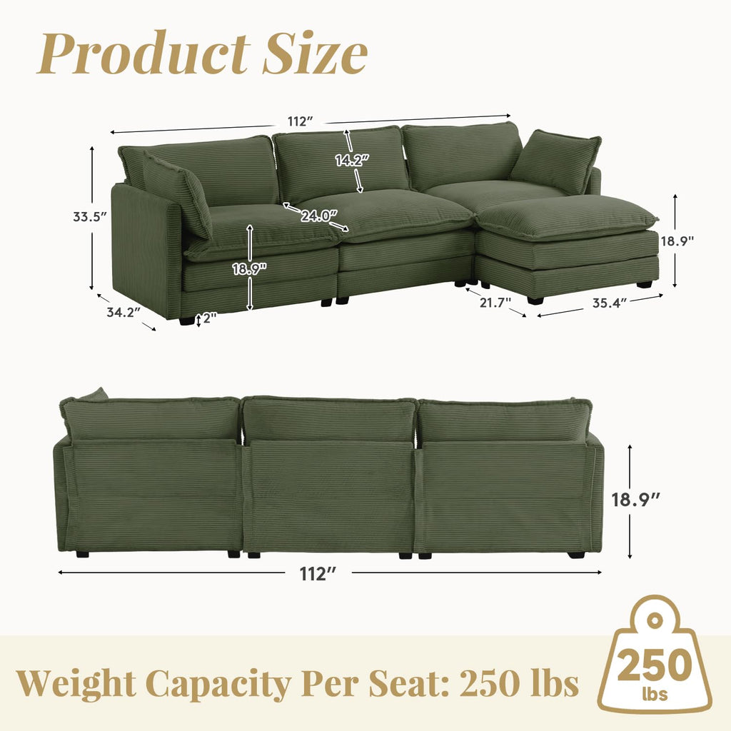 112'' Sectional Modular Cloud Couch, Oversized L Shaped 3 Seat Sofa with Movable Ottomans, 2 Throw Pillows, Upholstered Corduroy L Shape Comfy Deep Couches for Living Room and Office, Green
