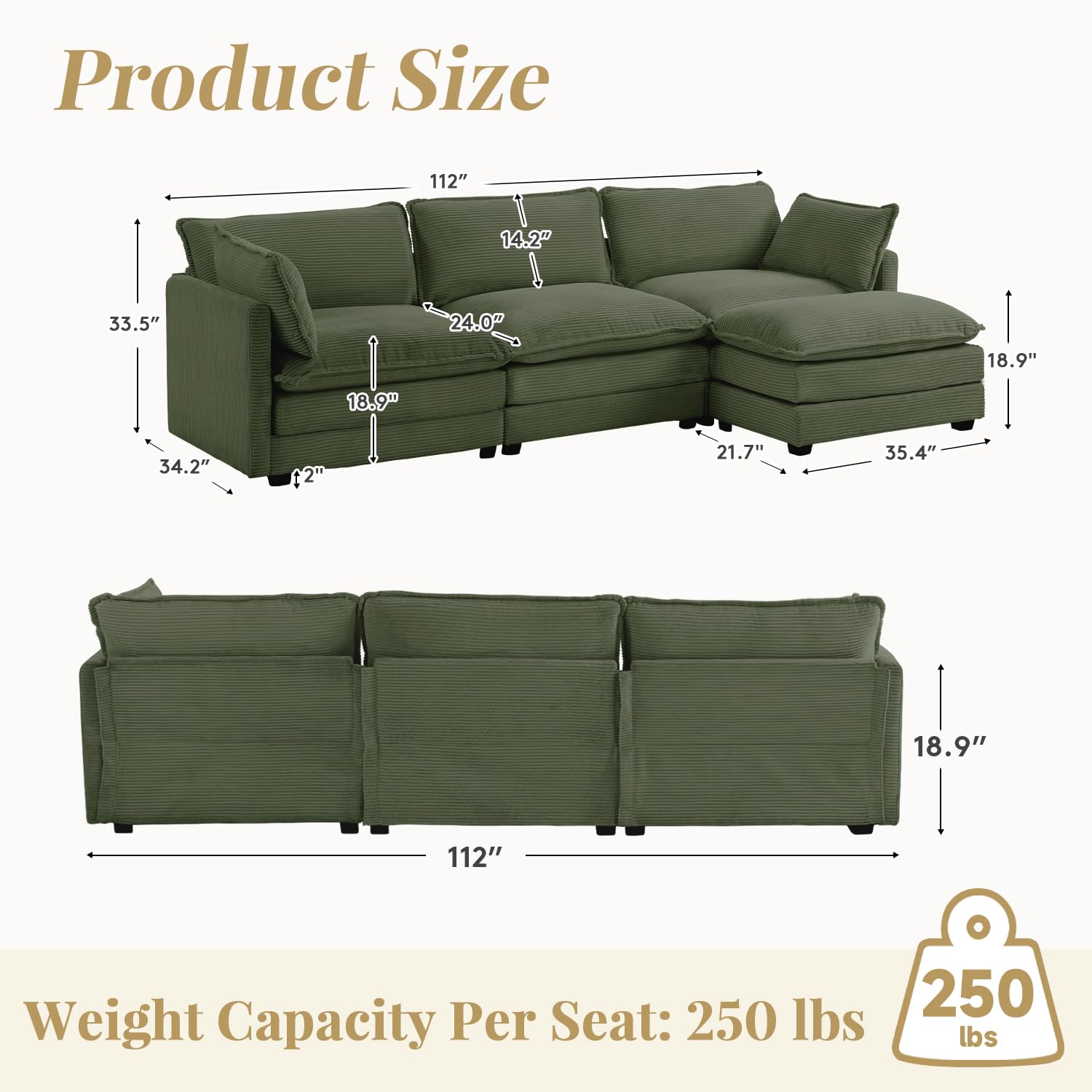 112'' Sectional Modular Cloud Couch, Oversized L Shaped 3 Seat Sofa with Movable Ottomans, 2 Throw Pillows, Upholstered Corduroy L Shape Comfy Deep Couches for Living Room and Office, Green