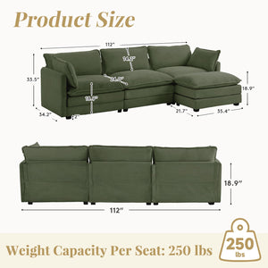 112'' Sectional Modular Cloud Couch, Oversized L Shaped 3 Seat Sofa with Movable Ottomans, 2 Throw Pillows, Upholstered Corduroy L Shape Comfy Deep Couches for Living Room and Office, Green